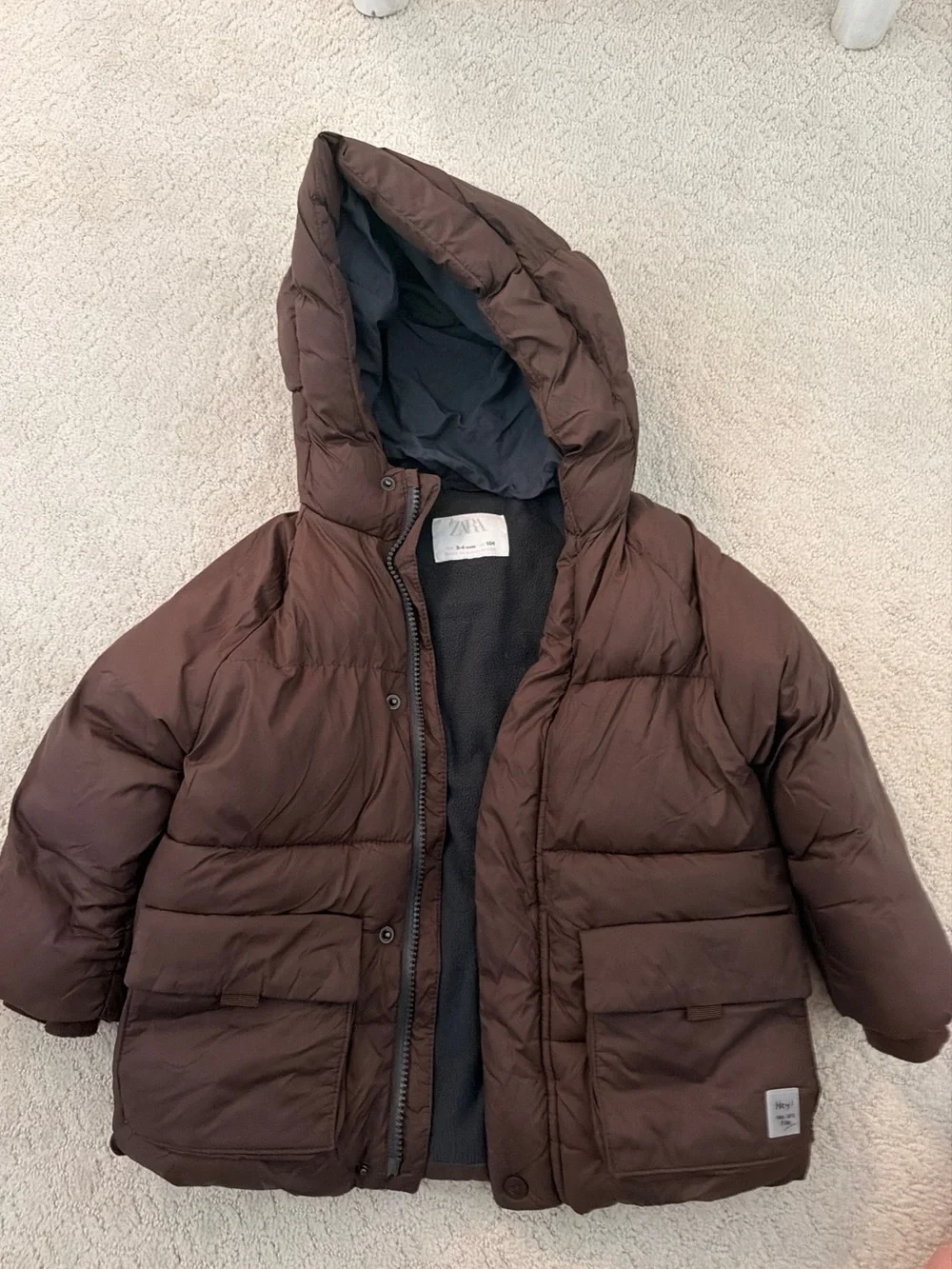 Zara Kids Chocolate Brown Hooded Puffer Coat Fleece Lined 3-4 Years 104cm